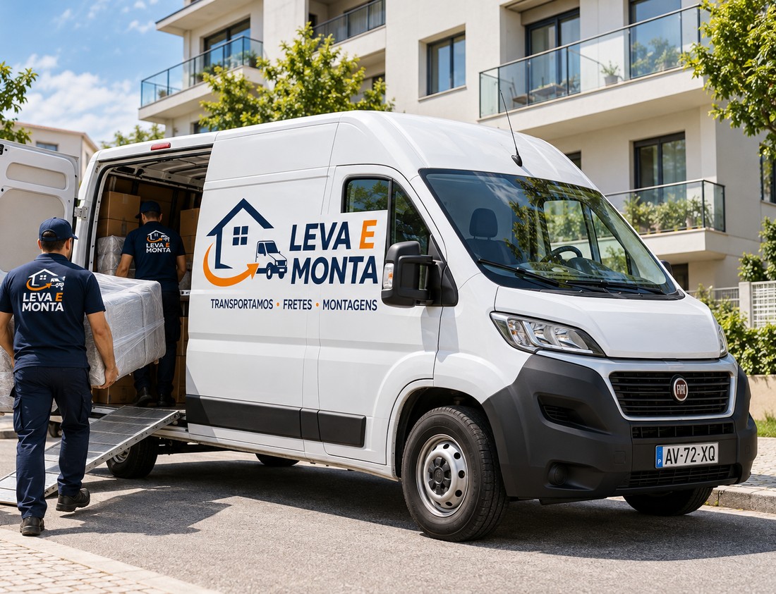 Carrinha da Leva e Monta a ser carregada pela equipa em frente a um edifício residencial